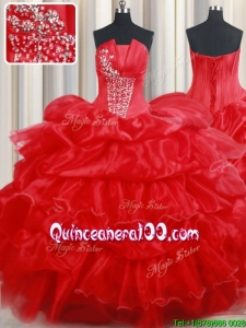 Classical Strapless Organza Red Quinceanera Dress with Beading and Pick Ups