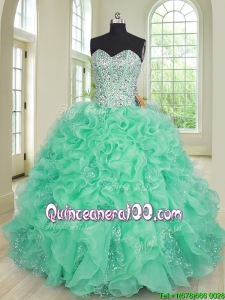 Exclusive Beaded Bodice Turquoise Quinceanera Dress in Organza and Sequins