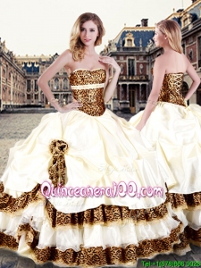 Exquisite Leopard Champagne Quinceanera Dress with Pick Ups and Hand Made Flowers