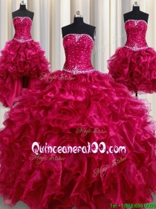 Fashionable Ruffled and Beaded Strapless Burgundy Detachable Quinceanera Dresses in Organza