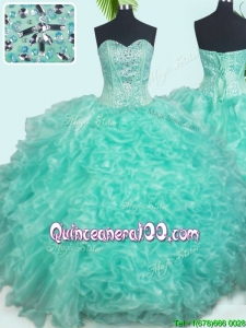 Gorgeous Visible Boning Sweetheart Beaded and Ruffled Turquoise Quinceanera Dress in Organza
