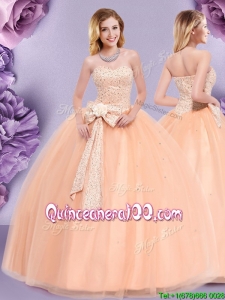Hot Sale Bowknot and Beaded Bodice Zipper Up Quinceanera Dress in Tulle