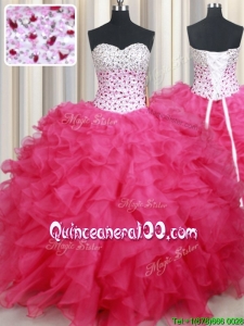 Latest Hot Pink Organza Quinceanera Dress with Ruffles and Beaded Bodice
