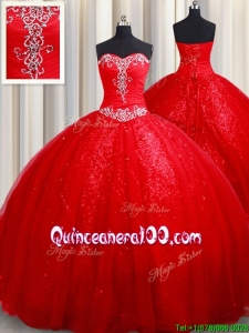 Latest Puffy Skirt Court Train Tulle and Sequins Quinceanera Dress in Red