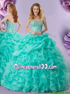 Latest Visible Boning Organza Turquoise Quinceanera Dress with Beading and Ruffles