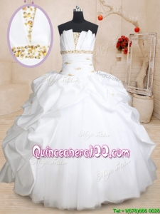 Modern Taffeta and Tulle Strapless White Quinceanera Dress with Beading and Pick Ups