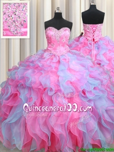 Most Popular Organza Rose Pink and Light Blue Quinceanera Dress with Ruffles