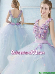 Most Popular Ruffled and Applique V Neck Quinceanera Dress in Light Blue