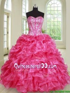 New Style Lace Up Hot Pink Quinceanera Dress with Ruffles and Beading