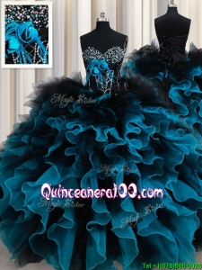 Perfect Organza and Tulle Black and Blue Quinceanera Dress with Ruffles and Beading