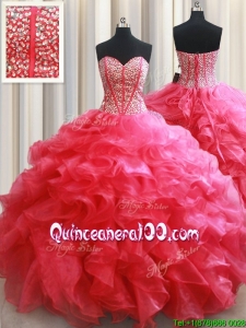 Pretty Visible Boning Beaded Bodice and Ruffled Quinceanera Dress in Coral Red