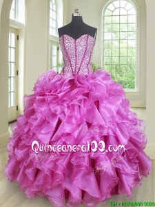 Pretty Visible Boning Fuchsia Organza Quinceanera Dress with Ruffles and Beading
