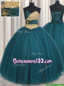 Romantic Puffy Skirt Sweetheart Beaded Teal Quinceanera Dress in Tulle