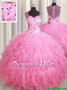 See Through Back Visible Boning Zipper Up Ruffled Quinceanera Dress in Rose Pink