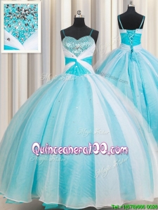 Spaghetti Straps Organza Beaded Bust Quinceanera Dress in White and Blue