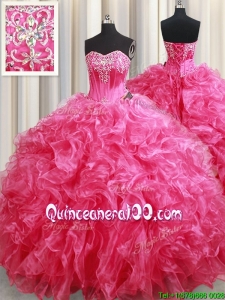 Wonderful Beaded and Ruffled Hot Pink Quinceanera Dress with Brush Train