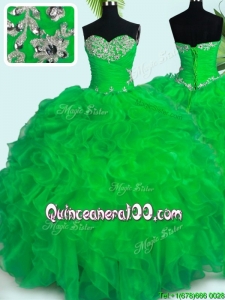Wonderful Ruffled and Beaded Lace Up Green Quinceanera Dress in Organza