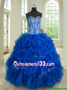 Wonderful Ruffled and Beaded Royal Blue Quinceanera Dress in Organza