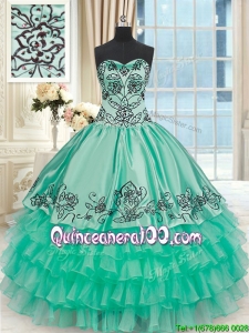 Affordable Embroideried and Ruffled Layers Turquoise Quinceanera Dress in Organza and Taffeta