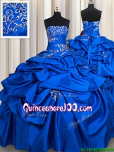Affordable Strapless Taffeta Royal Blue Quinceanera Dress with Beading and Pick Ups