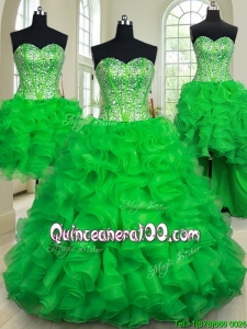 Beautiful Green Organza Removable Quinceanera Dress with Ruffles and Beaded Bodice