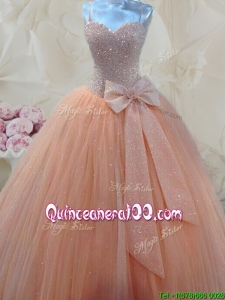 Cheap Spaghetti Straps Beaded and Bowknot Quinceanera Gown in Peach