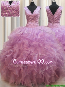 Cheap V Neck Zipper Up Organza Lilac Quinceanera Dress with Beading