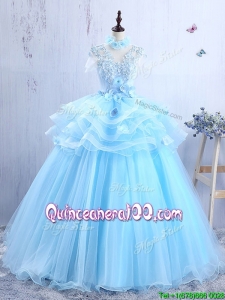 Discount V Neck Applique and Ruffled Quinceanera Gown in Light Blue