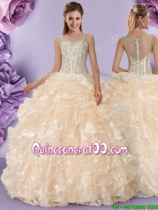 Elegant Visible Boning See Through Back Champagne Quinceanera Dress with Beading
