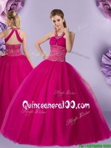 Gorgeous Cut Out Bust Beaded Decorated Halter Top Fuchsia Sweet 16 Dress