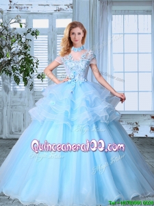 High Neck Short Sleeves Light Blue Quinceanera Gown with Appliques and Ruffled Layers