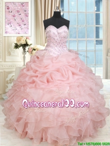 Hot Sale Baby Pink Organza Pick Ups Quinceanera Dress with Ruffles and Beading