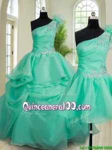 Hot Sale Beaded Handcrafted Flower One Shoulder Detachable Quinceanera Dress in Turquoise