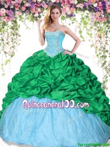 Latest Baby Blue and Green Quinceanera Dress with Beading and Pick Ups