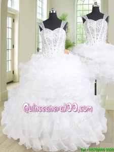 Latest Organza Straps Ruffled and Beaded Bodice Removable Quinceanera Gown in White