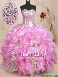 Luxurious Visible Boning Beaded and Ruffled Quinceanera Dress in Organza and Sequins