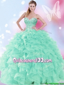 Modest Beaded and Ruffled Quinceanera Dress in Apple Green