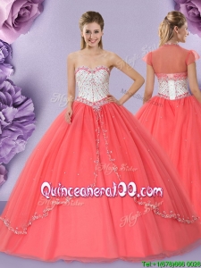 Modest Lace Up Beaded Bodice Quinceanera Dress in Watermelon Red
