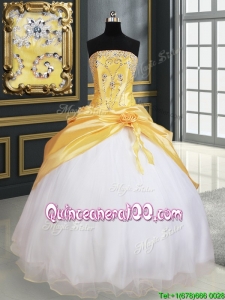 New Arrivals Handcrafted Flower Yellow and White Quinceanera Dress in Organza and Taffeta