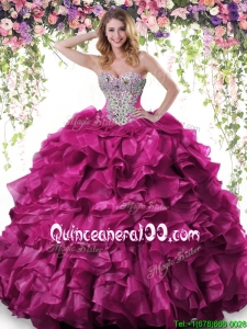 Affordable Beaded and Ruffled Big Puffy Quinceanera Dress in Fuchsia