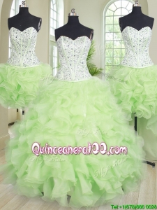 Best Selling Ruffled and Beaded Bodice Detachable Quinceanera Dress in Yellow Green