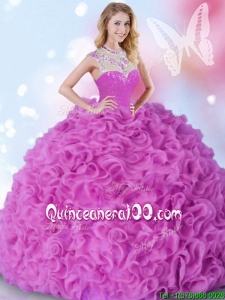 Fashionable High Neck Ruffled and Beaded Quinceanera Dress in Fuchsia
