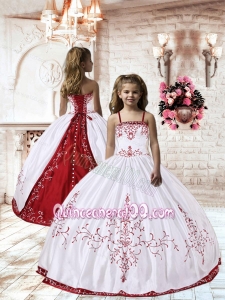 Spaghetti Straps White Satin Little Girl Pageant Dress with Embroidery