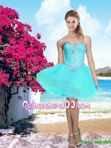 Beautiful 2015 Summer Organza Sweetheart Beaded Dama Dress in Aqua Blue
