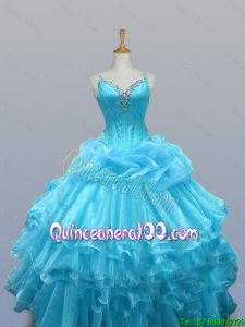 2015 Pretty Straps Beaded Quinceanera Dresses with Ruffled Layers