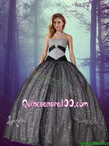 Elegant 2016 Black Ball Gown Floor Length Sequined and Tulle Quinceanera Dresses with Appliques