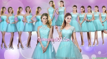 Pretty Laced and Belted Short Bridesmaid Dresses in Aqua Blue