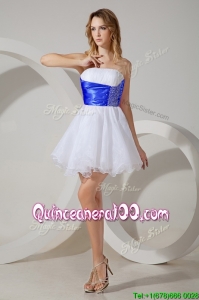 Gorgeous Beaded and Royal Blue Belted Short Dama Dress in White