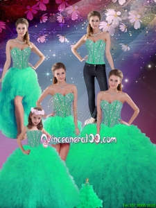 2015 Spring Pretty Sweetheart Beaded and Ruffles Detachable Sweet 16 Dresses in Turquoise