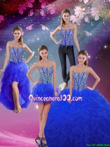 2016 Summer Popular Sweetheart Beaded and Ruffles Royal Blue Detachable Quinceanera Dresses